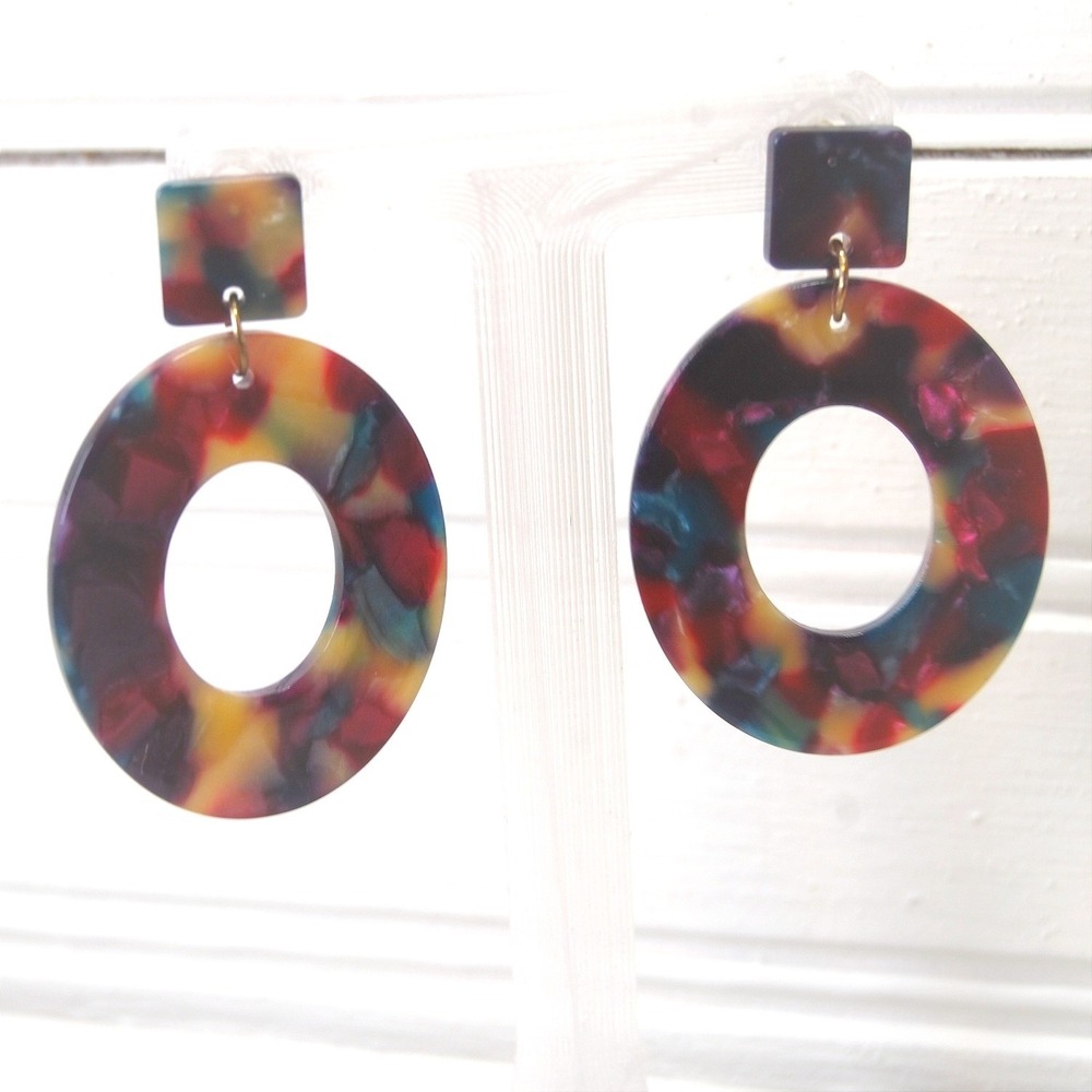 Retro Earrings Large Multicolored Resin stud‎ hoops Oval Pierced post jewelry